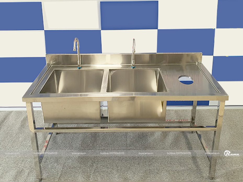 Chậu rửa công nghiệp 2 hố có lỗ xả rác