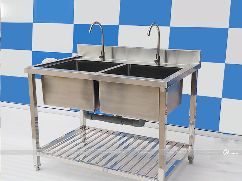 Chậu rửa đôi inox công nghiệp có kệ dướiChậu rửa đôi inox công nghiệp có kệ dưới
