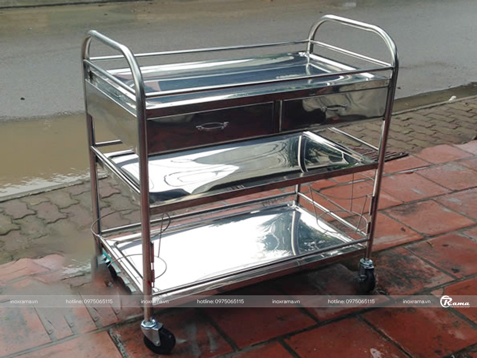 Xe tiêm 3 tầng có ngăn kéo (xe đẩy y tế)